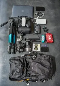 A picture of my hiking photography gear - all the essential items for a photography hike