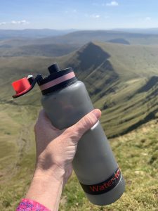 Using my filtered water bottle for hiking in Wales