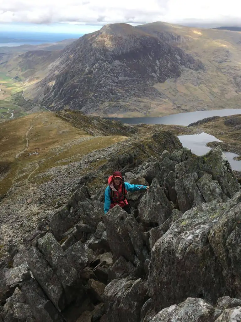 Scrambling up Y Gribin Ridge in the Ogwen valley enroute to Glyder Fawr