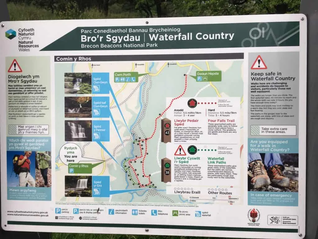 An information board map of the four falls walk near Neath