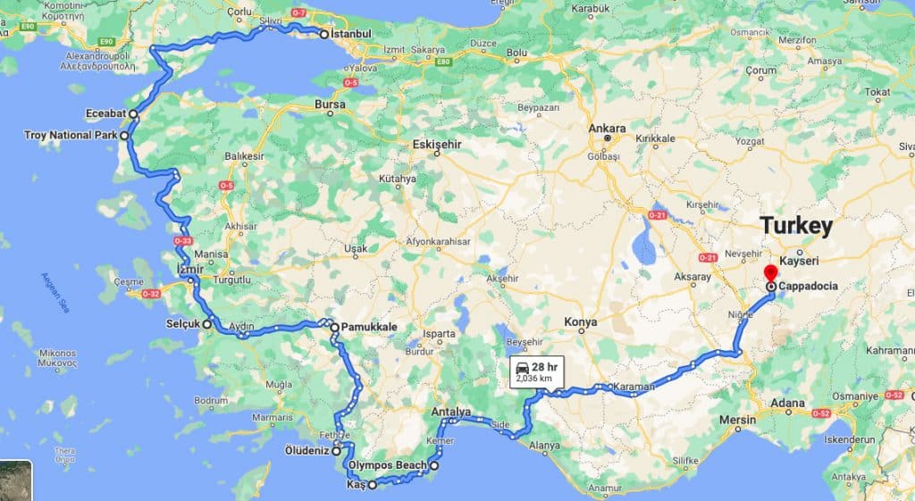 Map of the best Turkey road trip route from Istanbul to Cappadocia 