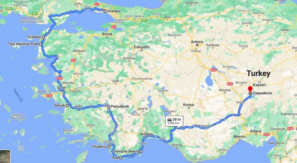 Map of the best Turkey road trip route from Istanbul to Cappadocia