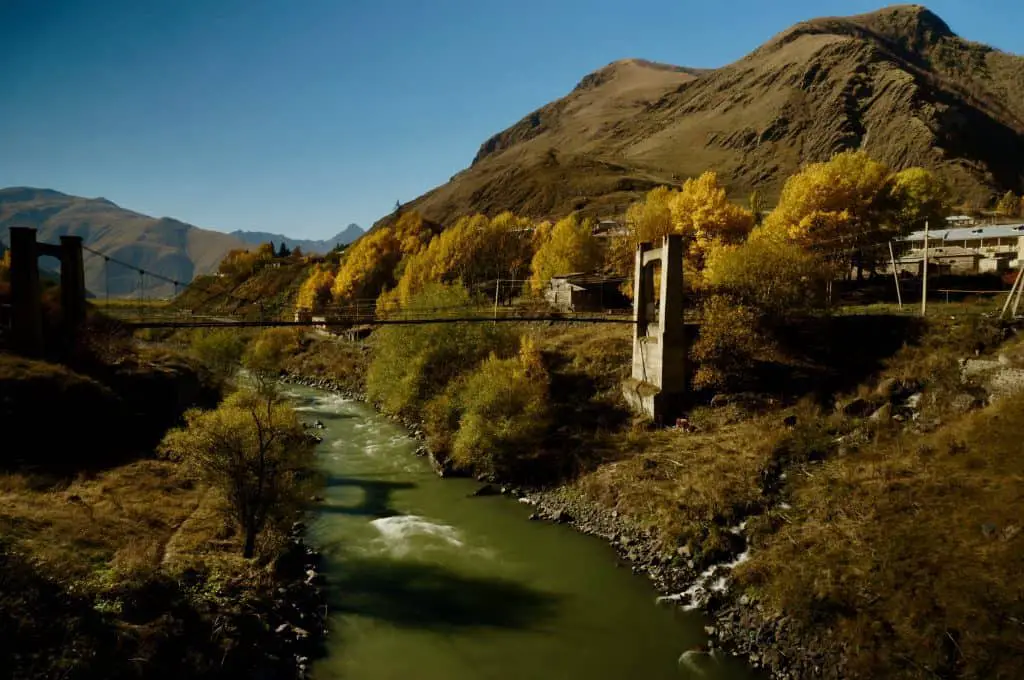 Kazbegi on the Georgian Military Highway in Autumn